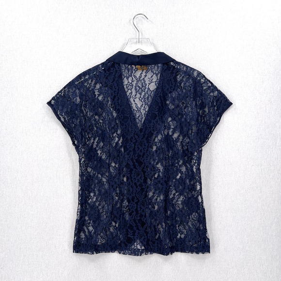 VINTAGE VICTORIAS SECRET Gold Label Lace Top Women Medium Navy Blue Short Sleeve - Picture 3 of 12